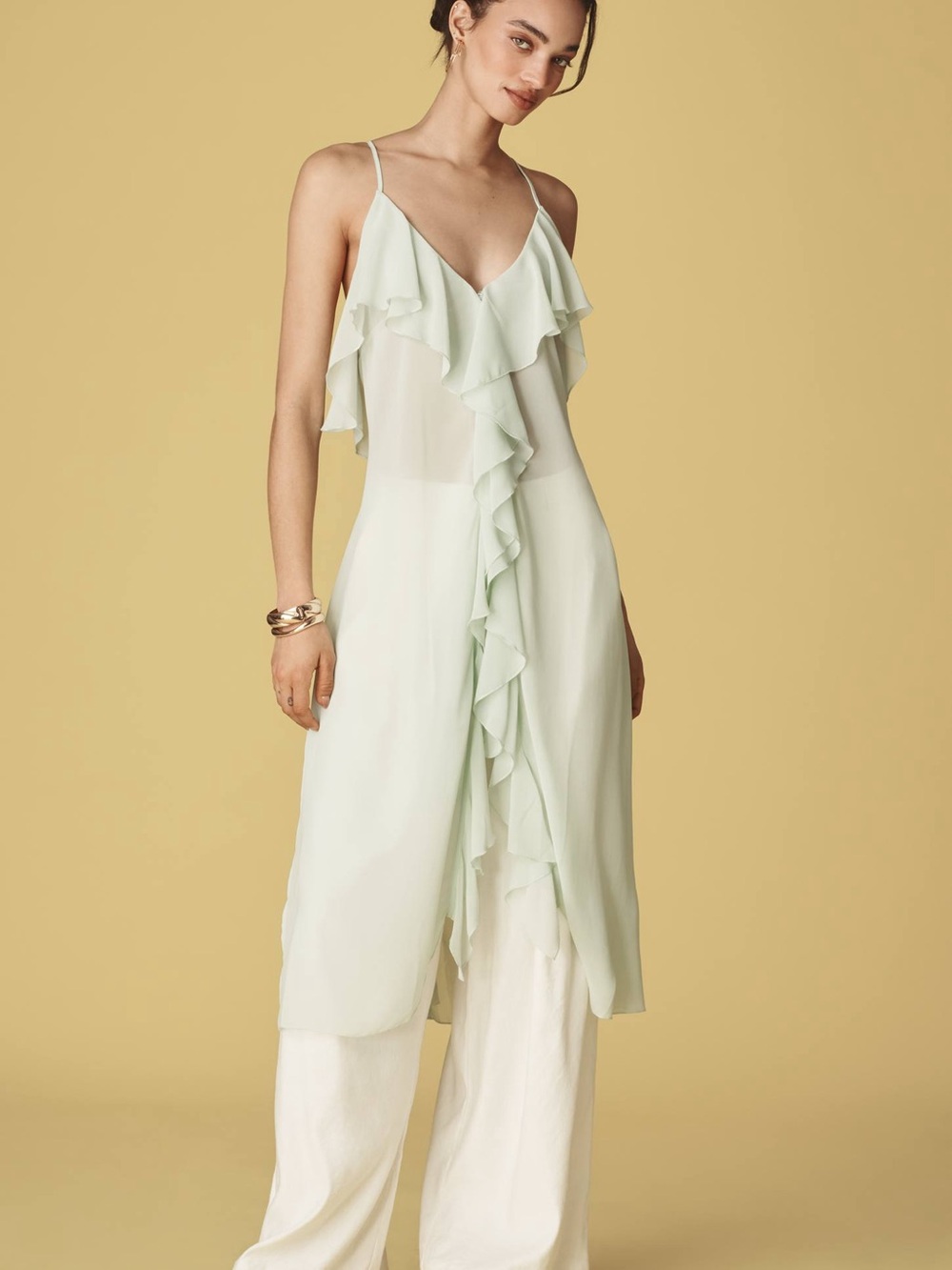 Anthropologie Ruffled Cross-Back Long Tank Tunic Sheer Boho Size Small